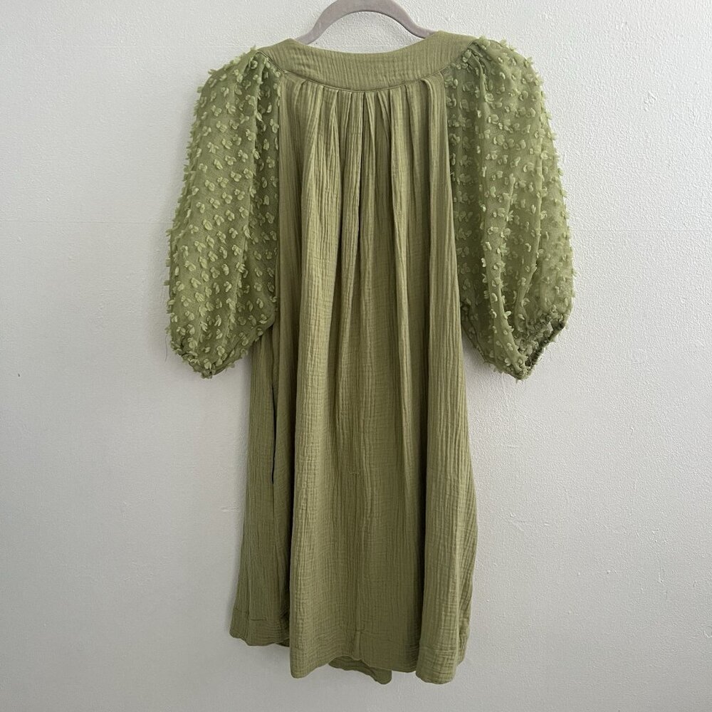 NEW Umgee Olive Green Mini Dress Puff Sleeve Swiss Dot MEDIUM Boho - Picture 8 of 15